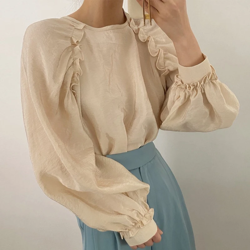 

GALCAUR Solid Ruched Shirts For Women Ruffles O Neck Puff Long Sleeve Loose Minimalist Blouses Female Clothing Spring 2021 Style