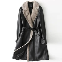 new classic women genuine leather coats sheep mink fur hair winter quilted overcoats black long sashes warm slim female outwear