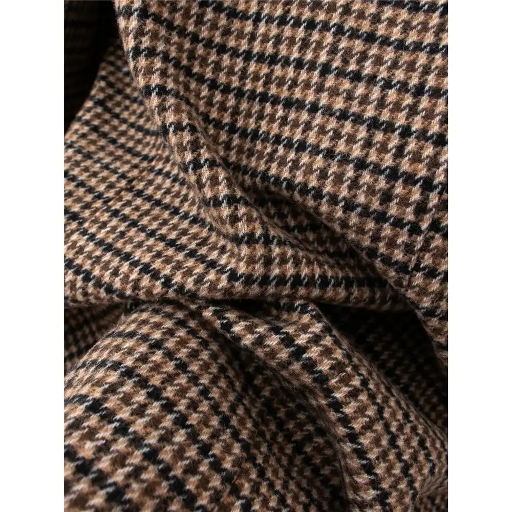 

2020 Women Casual Brown Za Houndstooth Plaid Print Long Blazers Female Fashion Double Breasted Jacket Office Lady Outwear Blazer
