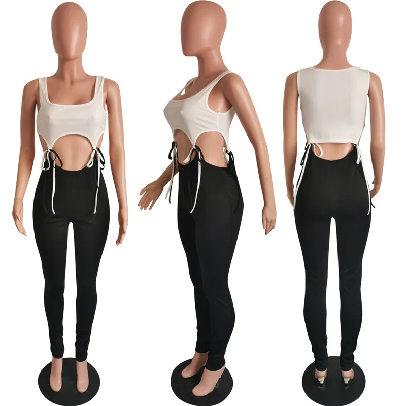 

Hollow Out Patchwork Jumpsuit Rompers Trousers 2020 New Sexy Women Sleeveless Bodycon Jumpsuit Summer Sports Long Pants Jumpsuit