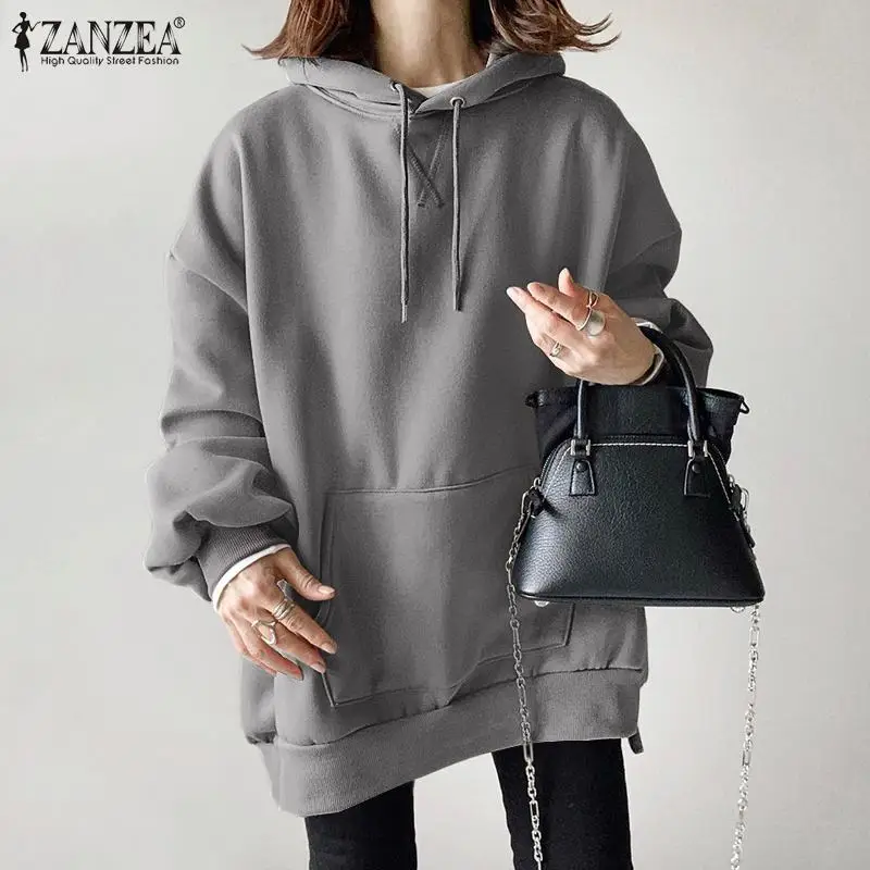 

Women Autumn Sweatshirt ZANZEA 2021 Fashion Solid Hooded Loose Sweatshirts Outerwear Casual Hoodies Long Sleeve Pullover Tunic