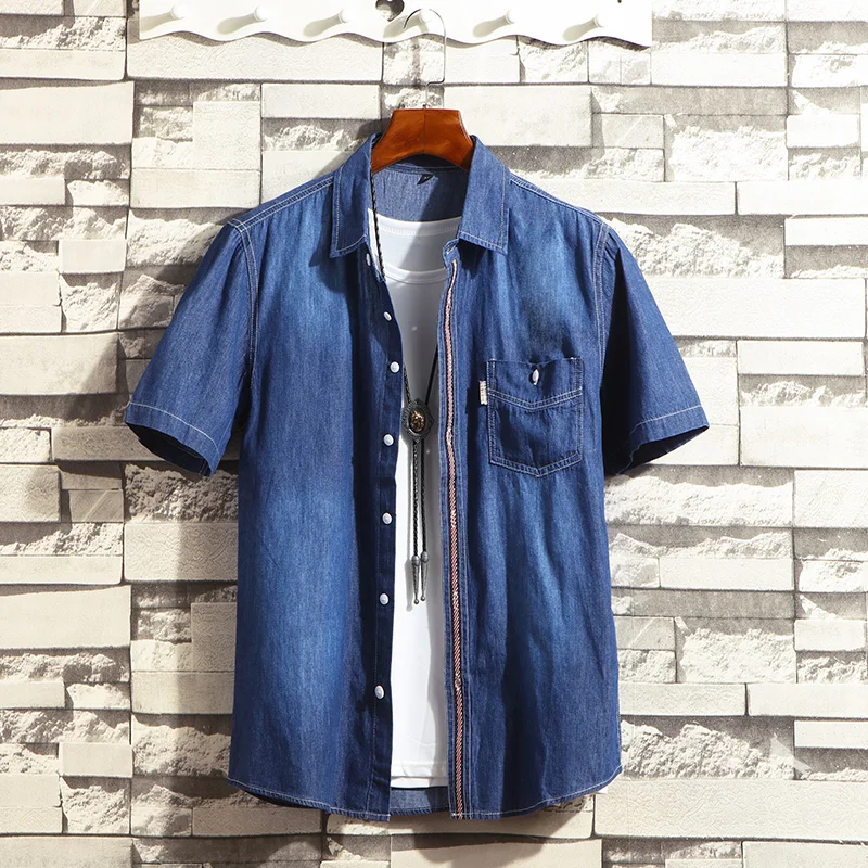 Джинсовая рубашка мужская с коротким рукавом приталенный силуэт блуза из денима