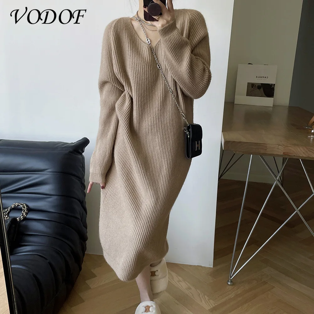 VODOF Winter Autumn Oversized Knitted Cashmere Sweater Women V-Neck Basic Thicken Pullovers Female Knit Jumpers Top