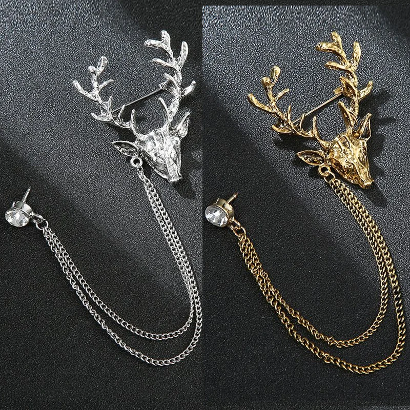 

Men's Suit Vintage Silver Christmas Elk Tassel Brooch Gold Double Chain Exquisite Ladies Corsage Fashion Collar Pin Badge