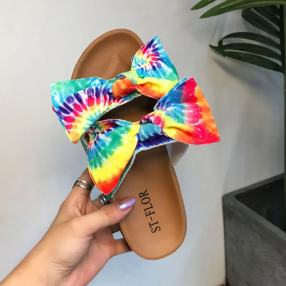 

Fashion Outside Butterfly-knot Cork Slippers Female New Summer Casual Flat Soled Sandals Rainbow Multi-color Women's Slides