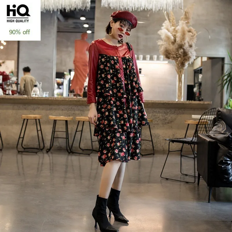 Genuine Leather Patchwork Chiffon Floral Dress Women Spring New Vintage Red Midi Dresses Elegant O-Neck Ruffles Party Vestidos | Женская