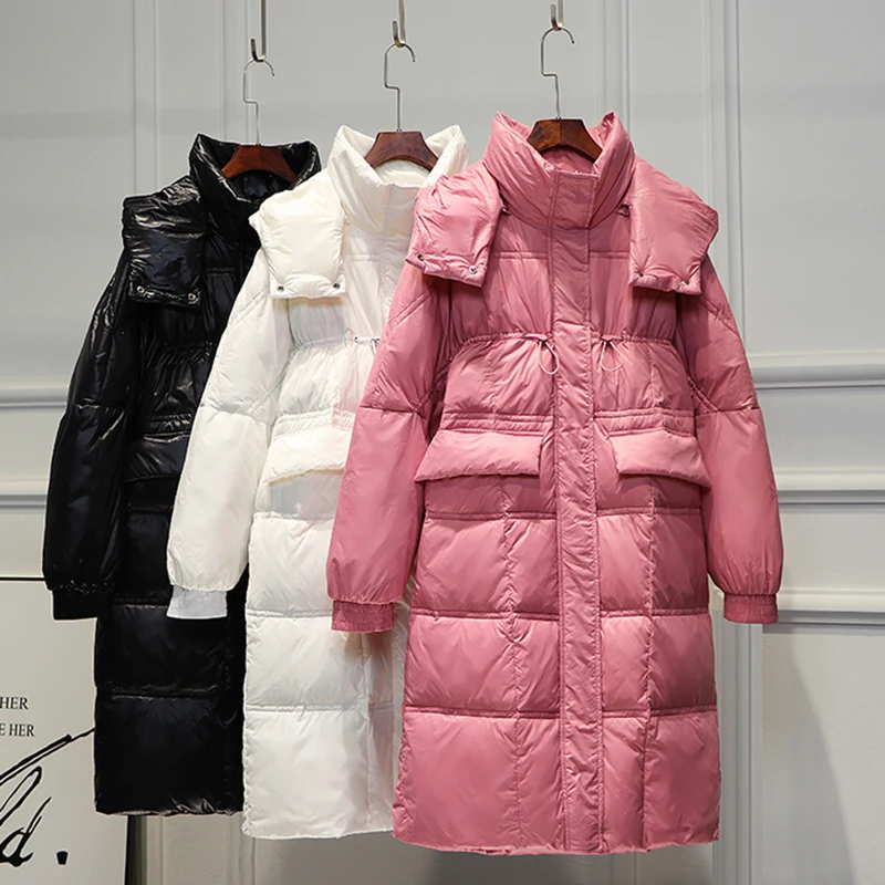 

EORUTCIZ Winter Long Duck Down Coat Women Oversize Hooded Jacket Spring Slim Warm Thick Casual Black Pocket Coat LM909