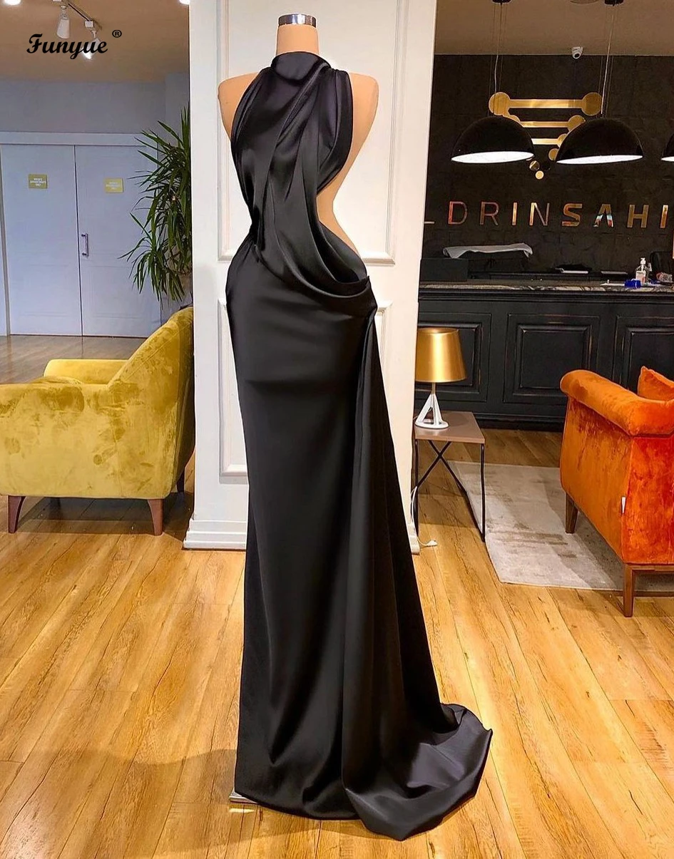 princess prom dresses Tasteful Sexy Black Prom Dresses Long Backless High Collar Satin Formal Evening Wear Night Party Dress Vestidos 2021 New rose gold prom dress