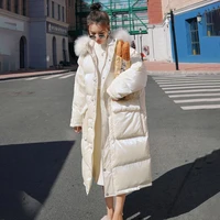 womens coat winter padded long loose white duck down material thick big fur collar hooded casual high quality new jacket female