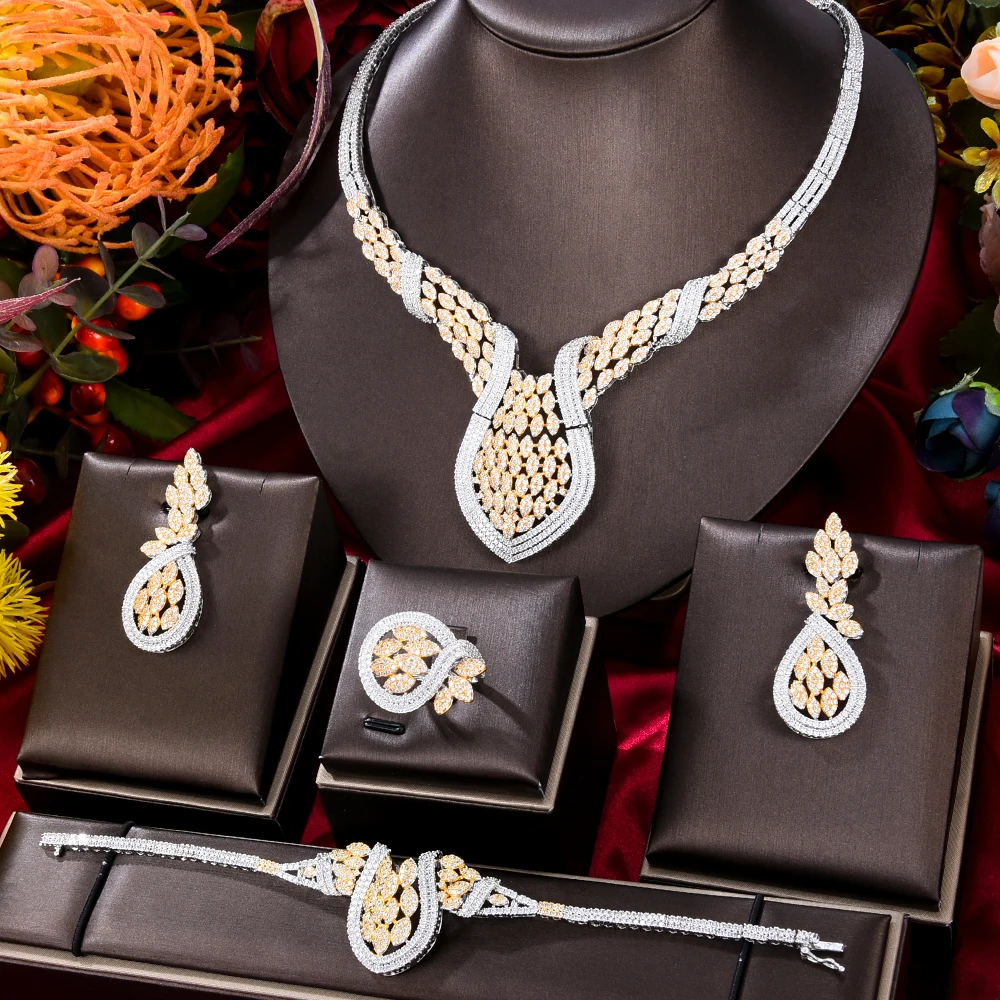 

KellyBola Ethiopian Fashion Luxury Zirconia Jewelry Set for Women Geometry Pendant Necklace Bracelets Wedding Party Accessory