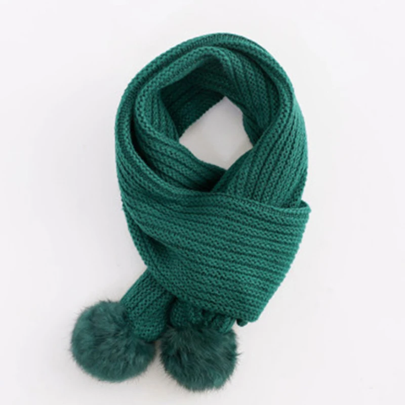 

Hot Sale Children Autumn Winter Scarf Cute Rabbit Hair Ball Warm Knitting Long Scarves Baby Boys Girls Pure Color Scarf