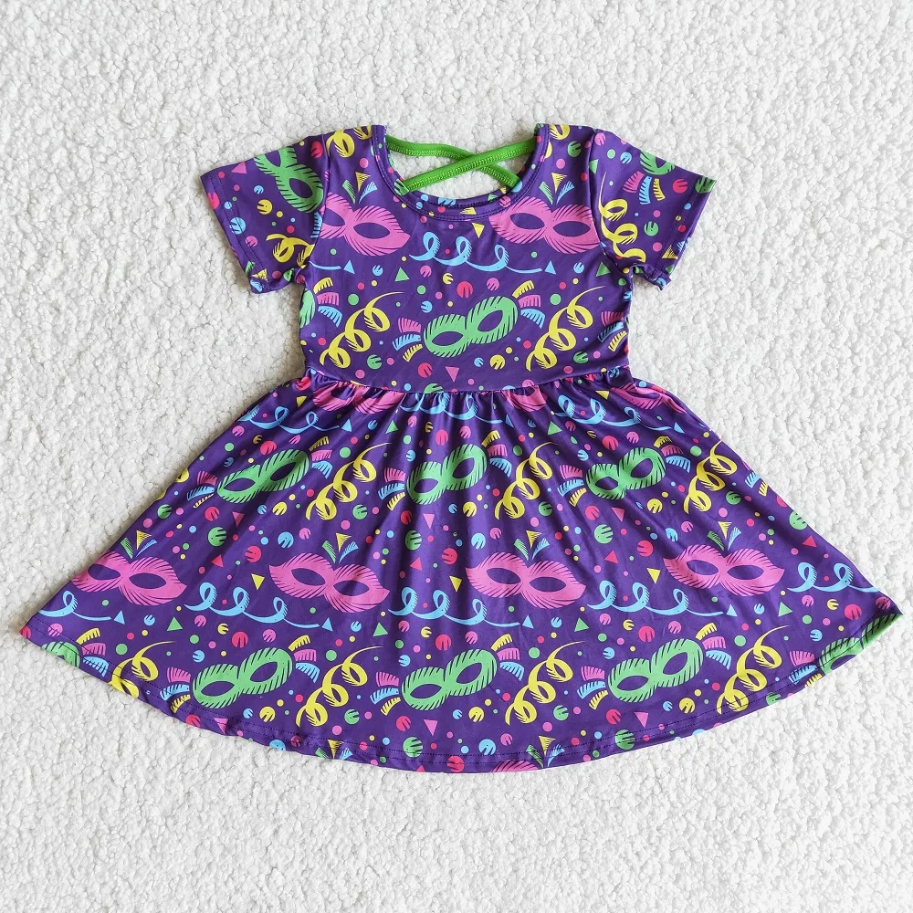 

RTS Mardi Gras Baby Girl Short Sleeve Dress Back Cross Style Feather Print Infant Kids Spring Dress Clothes