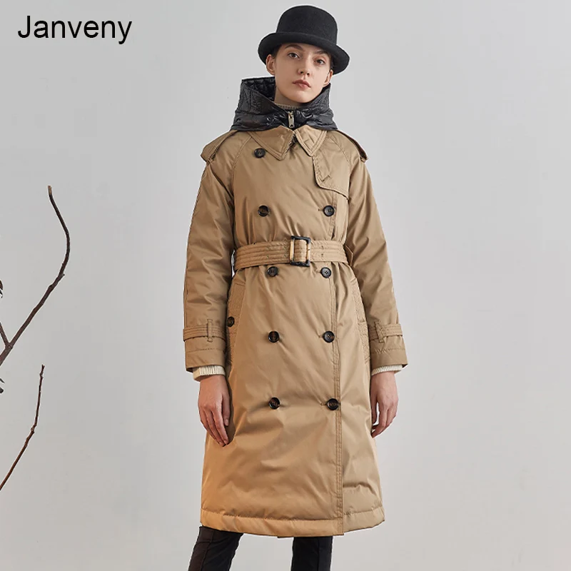 

Janveny 2022 Winter Down Coat Women 90% White Duck Down Jacket Female Double Breasted Hooded Long Puffer Feather Trench Parkas
