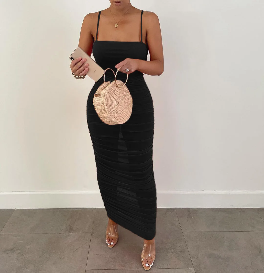 

Summer Fashion Women's Solid Color Gauze Perspective Sexy Sling Dress Female Temperament Fold