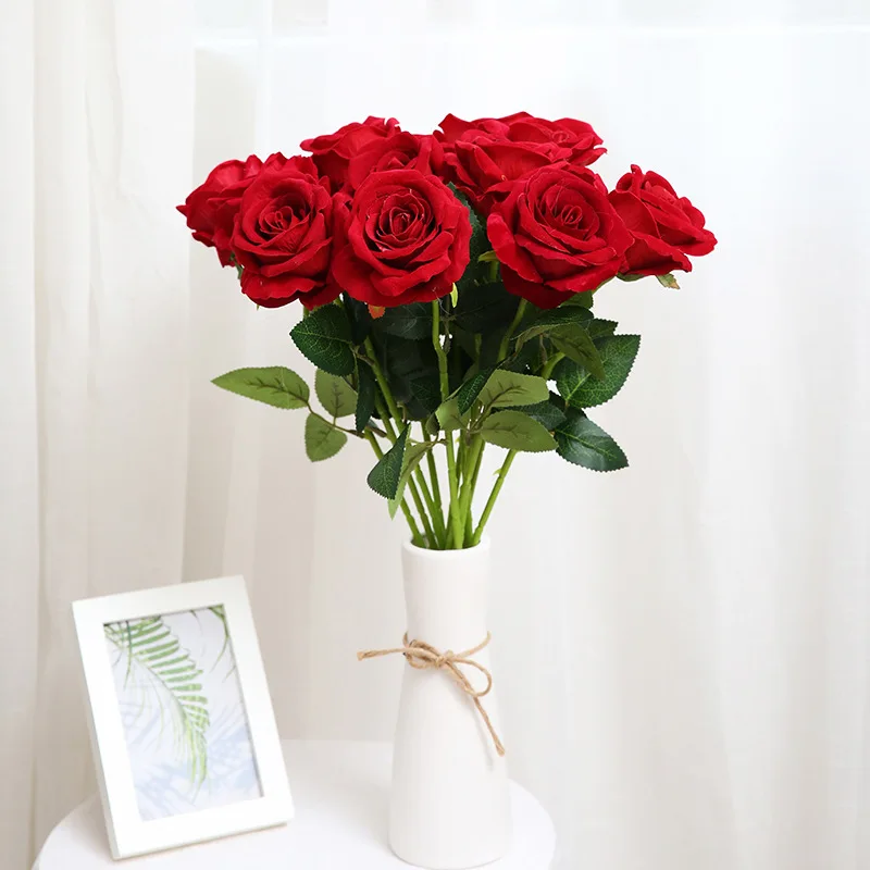 5/10cm Flocking silk Rose high quality artificial Flower bouquet Valentine easter wedding decoration DIY Gift for girl friend