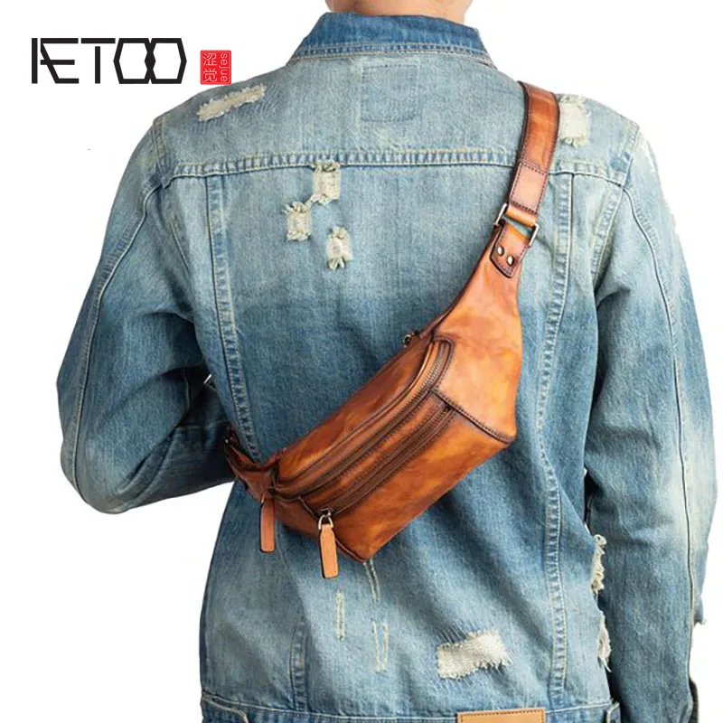 

AETOO Men's casual chest bag, retro first layer leather belt bag, men's leather belt bag