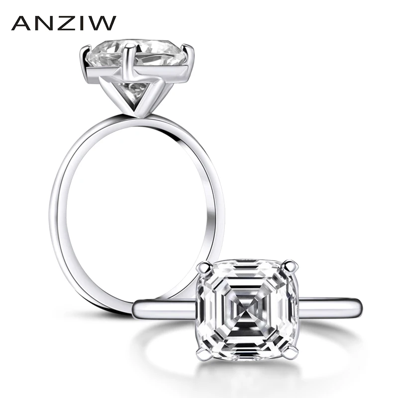 

ANZIW Luxury 4 Carat Asscher Cut Ring Simulated Diamond Engagement Wedding Sterling Silver Solitaire Ring Jewelry for Women