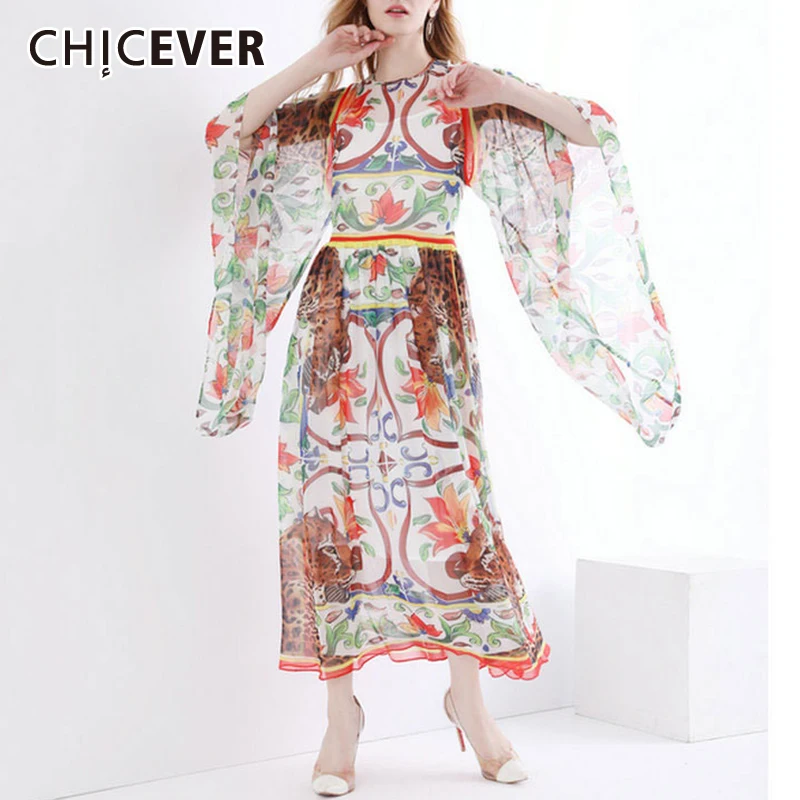 

CHICEVER Vintage Floral Print Colorblock Dress For Women Round Collar Butterfly Sleeve High Waist Loose Mid Dresses Females 2021