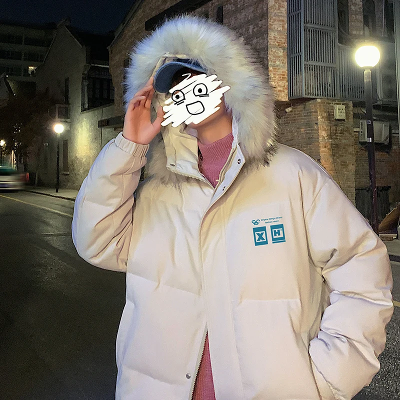 Large Fur Collar Cotton Coat Coat Men's Winter Thickened Couple down Cotton-Padded Coat Fashion Brand Loose and Warm Cotton