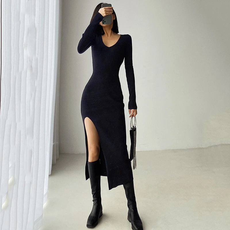

Spring Autumn Bodycon Dress Sweater Knitted 2021 Women Sexy High Split V Neck Y2k Long Sleeve Casual Dresses Sexy Knit Vestidos