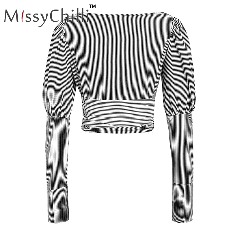 Полосатая черная блузка MissyChilli с длинным пышным рукавом сексуальная женская на