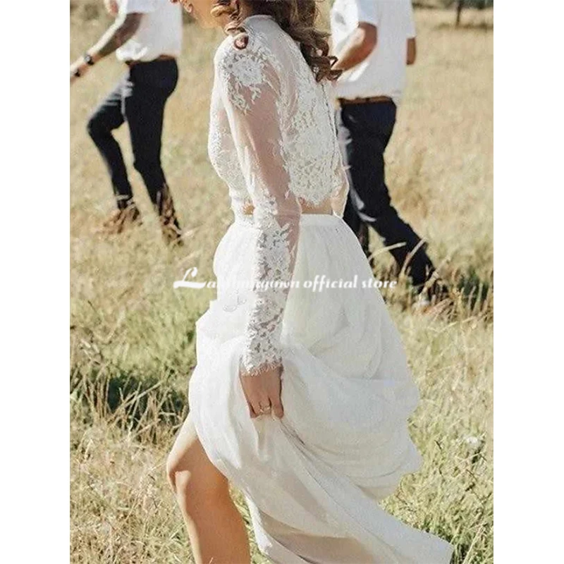 

A-Line Wedding Dresses 2020 Jewel Neck SweepTrain Lace Chiffon Over Satin Long Sleeve Beach Boho Sexy See-Through with Embro