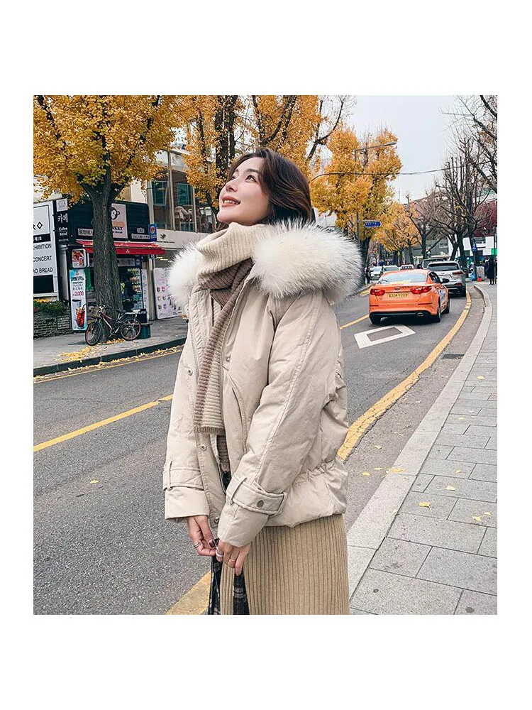 Женская куртка на 90% белом утином пуху теплая свободная парка с большим капюшоном