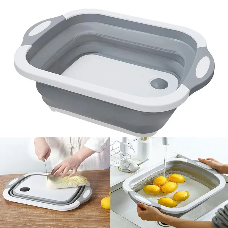 

Folding Cutting Board Basket Multi-function 3 In 1 Collapsible Strainer Kitchen Drain Storage Organizer Washing Basket Colander