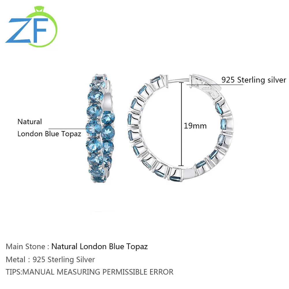

GZ ZONGFA Elegant Dazzling Charm Fashion Fine Jewelry Women Earrings natural Blue Topaz gem 925 Sterling Silver hoop Earrings