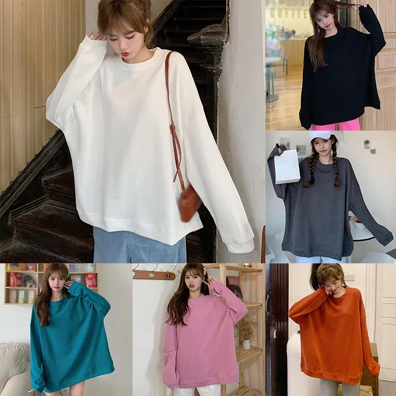 

2020 New Fashion Autumn And Winter Women's Clothing Solid Color Casual Students Plus Velvet Loose Round Neck Sweater