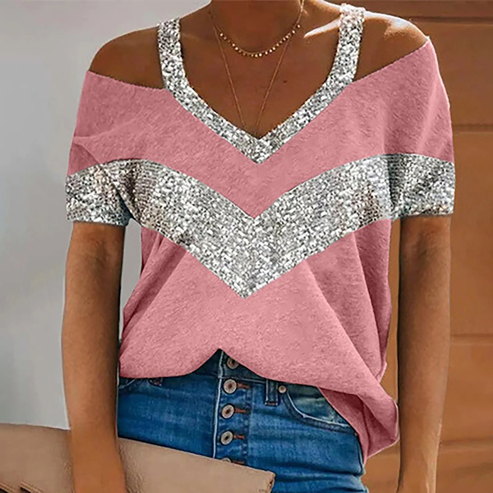 

Summer T-shirt Casual Women's V-neck Off Shoulder Frosted Sequined Short Sleeve Stitching T-Shirts Loose Clothes Tops Ropa Mujer