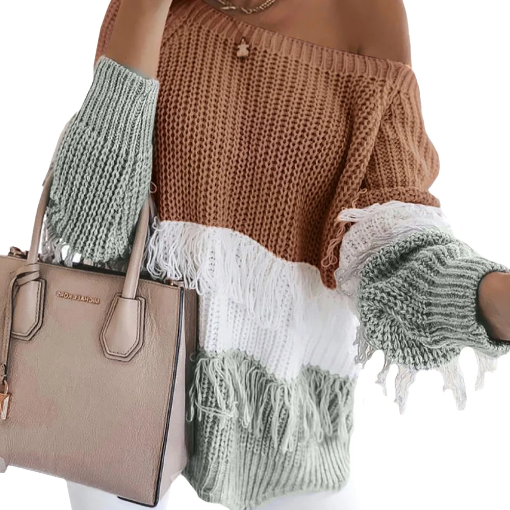 Модный женский свитер с кисточками лоскутный Теплый Женский пуловер круглым