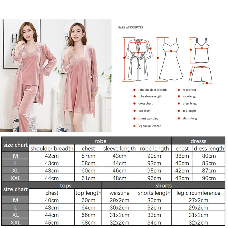 

VDOGRIR 4 Pieces Gold Velvet Warm Winter Pajamas Sets Women Sexy Lace Robe Pajamas Sleepwear Kit Sleeveless Nightwear Pyjamas