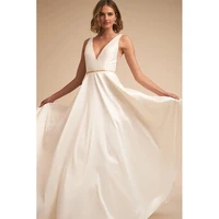 classic a line satin wedding dresses sleeveless scoop neck floor length backless sashes simple bridal gowns vestido de casamento