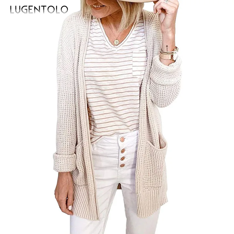 

Women's Sweater Casual Knitted Autumn Winter Sweaters Long-Sleeved Pocket Female Cardigan Sweater Solid Lugentolo