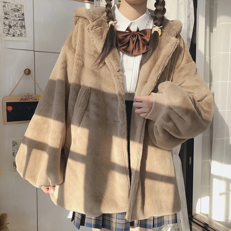 Winter Girl Cute Single-Breasted Thicken Soft Plush Coats For Women Vintage Long Sleeve Kawaii Jacket Jk Lolita Hooded Outweare