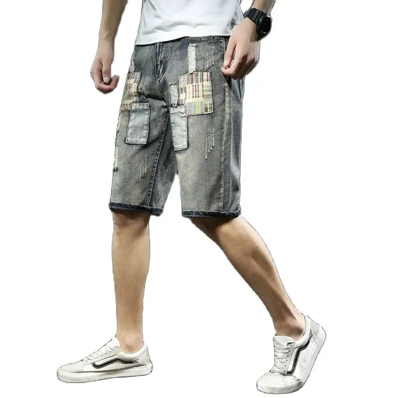 

Men's Wind Hole Patchwork Five Straight Jeans Youth Casual Pants