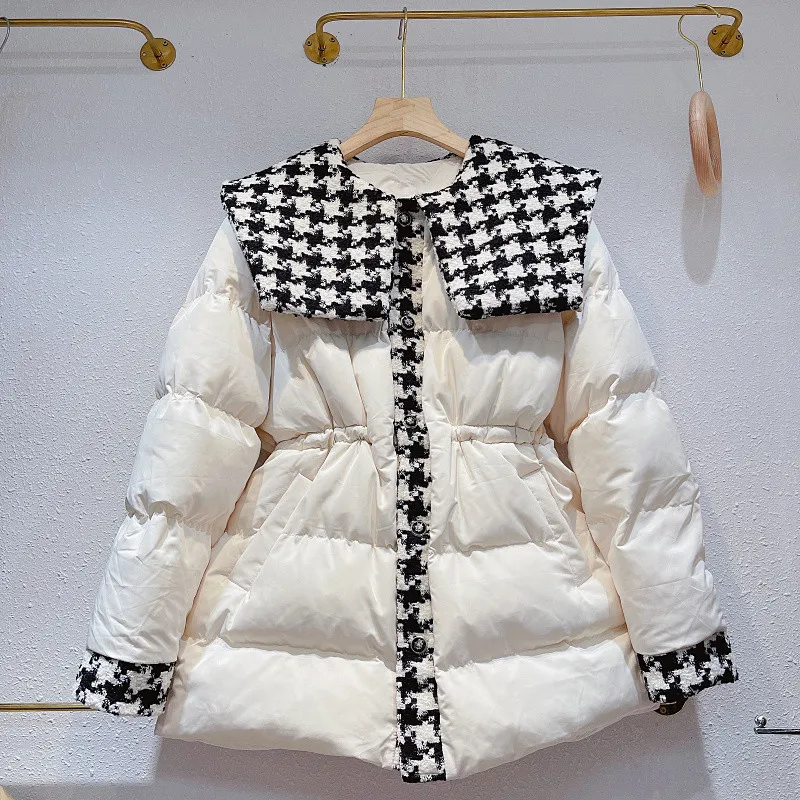 

Женское твидовое пальто составного кроя, твидовое пальто с лоскутным воротником и длинным рукавом, зимнее теплое пальто из твида, 2022