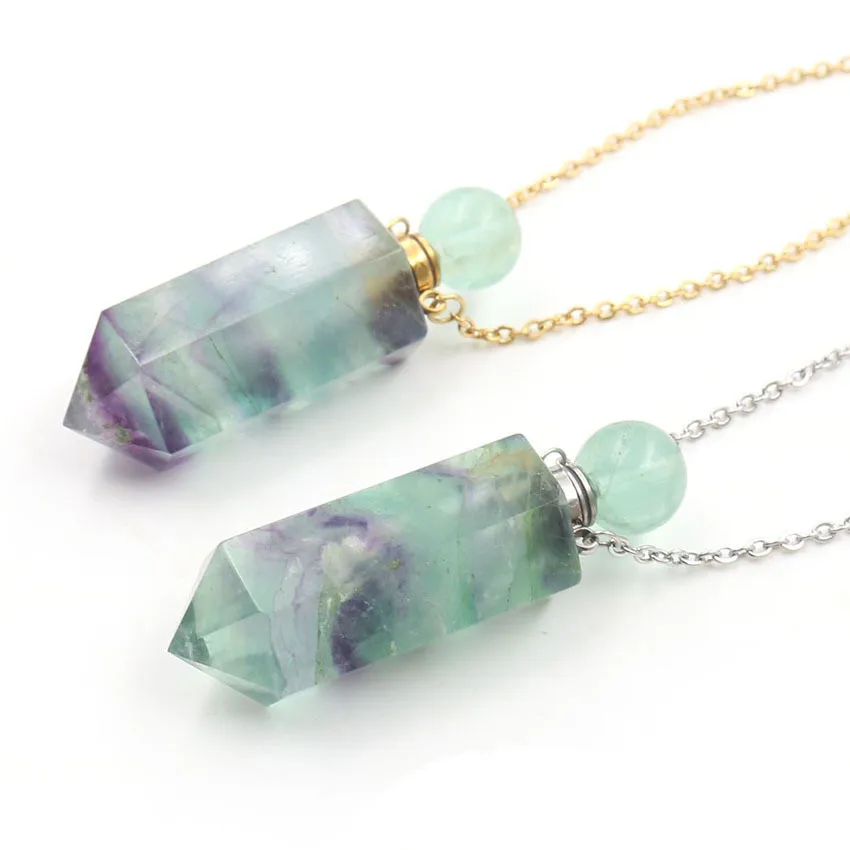 

Natural Gems Stone Essential Oil Diffuser Quartz Necklace Perfume Bottle Pendants Hexagon Prism Pointed Charm for Necklace Women