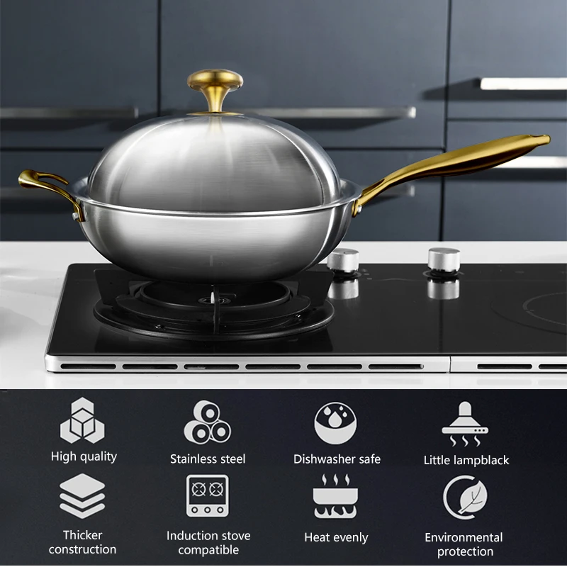 Wok антипригарная 304 нержавеющая сталь Бытовая без покрытия меньше дыма