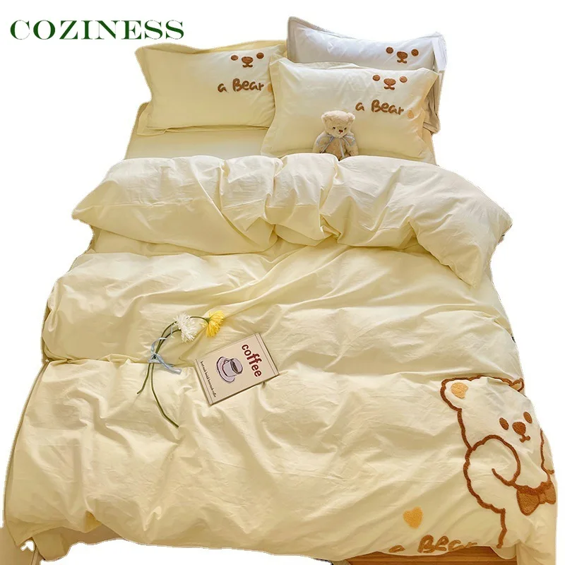 

Комплект постельного белья COZINESS для новорожденных, хлопок, текстиль, простыня, наволочка, симпатичная вышивка медведя, 4 предмета
