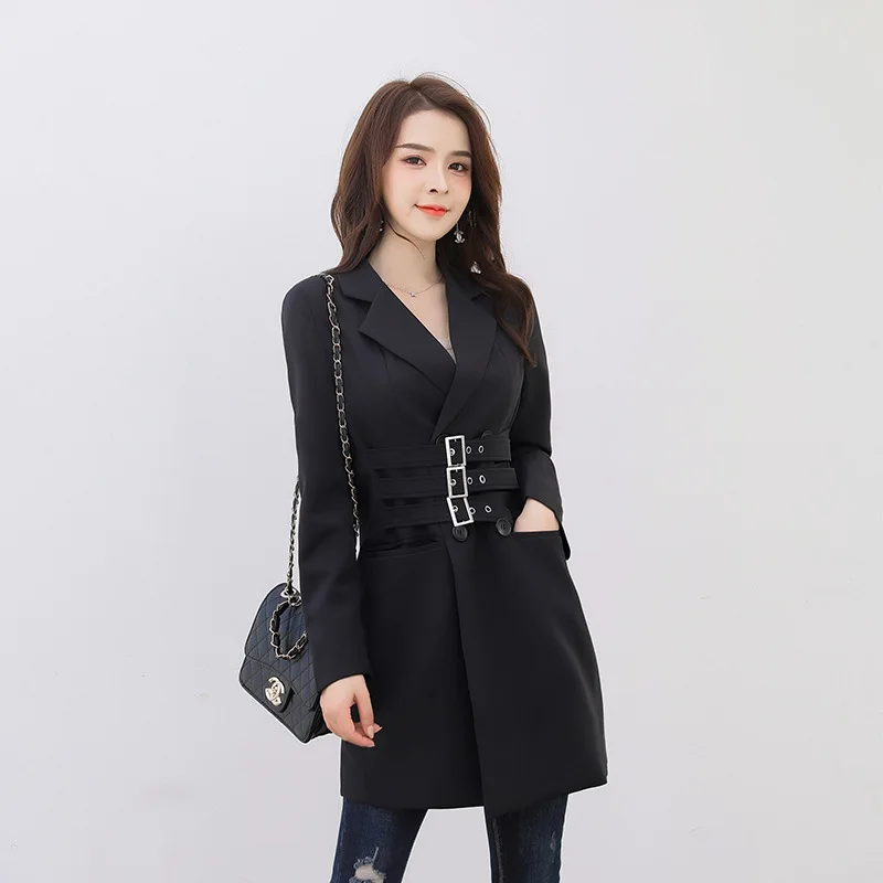 

2020 Spring and Autumn New Women's Slim Fit Casual Temperament Suit Women's Mid-length Metal Buckle Waist Trench Coat for Women