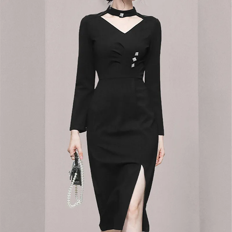 

Vintage Fashion Office Lady Auntum And Winter V-Neck Long Sleeve Pullover High Waist Print Patchwork Solid Color Split Dress