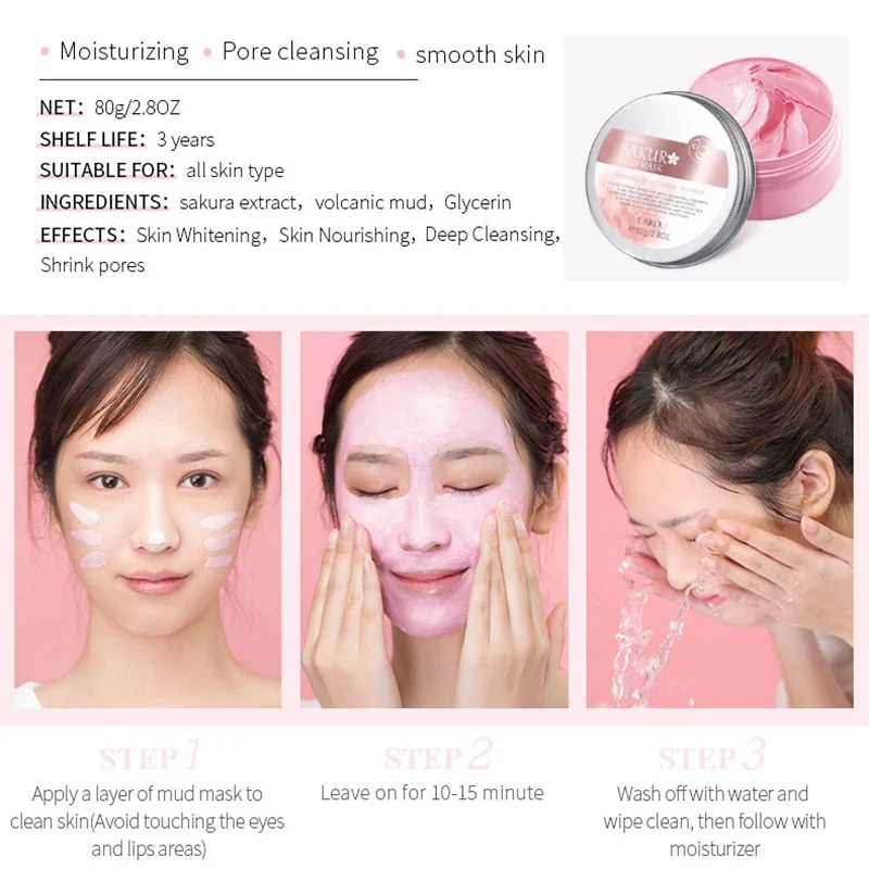 

Sakura Clay Cleaning Facial Mask Deep Pore Cleansing Removes Blackhead Moisturizing Hydration Whitening Firming Skin