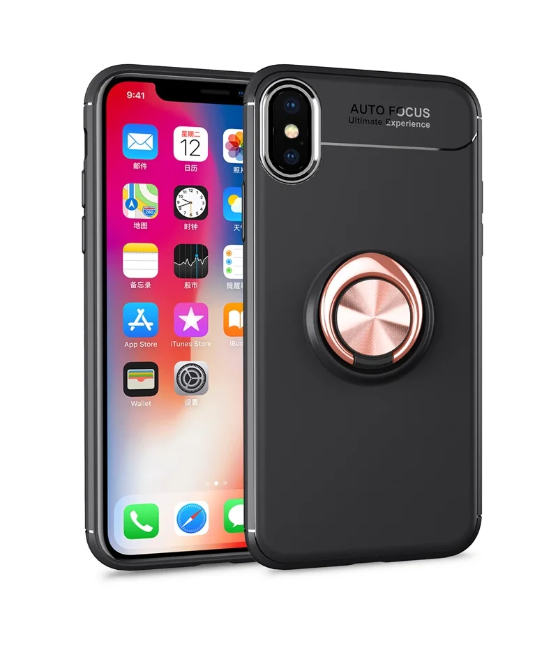 Чехол для телефона s Крышка корпуса ля iPhone x магнитное кольцо кронштейн мягкий матовый Силиконовый светильник и Тонкий Модный чехол для iPhone x Coque - Цвет: Rose Black