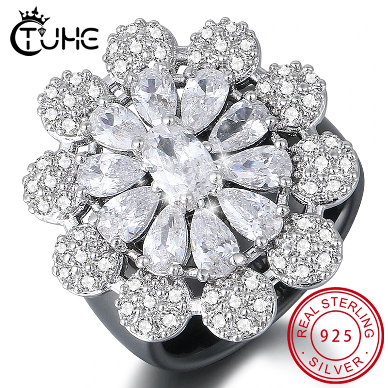 

S925 Серебряные кольца с кристаллами и цветами, женские кольца из циркона, ювелирные изделия, женские керамические кольца, вечерние кольца дл...