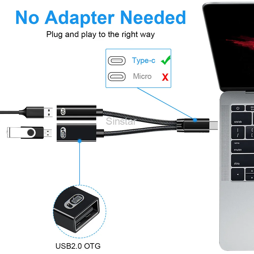 2 в 1 адаптер для телефона USB C OTG с портом зарядки 2.0 совместимый с 60W PD для Samsung для Google.