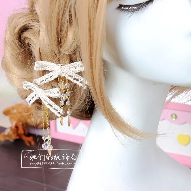 

Mori Girl Handwork Headdress Lolita Girl Kawaii Hair Clip Lace Bowknot Side Clip Crystal Leaf Tassel Edge Clamp Hair Decorative