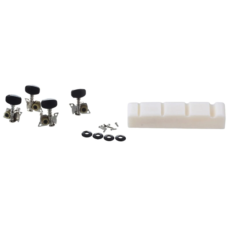 

4Pcs 4 String Guitar Tuning Pegs Machine Heads & 1 Pcs Bass Bone Nut 4 String Replacement (38 X 6 mm, Unbleached)