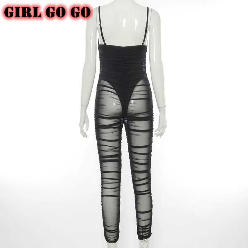 

summer jumpsuit women solid color sexy suspenders backless mesh see trough transparent open back strap rompers bodysuits stacked
